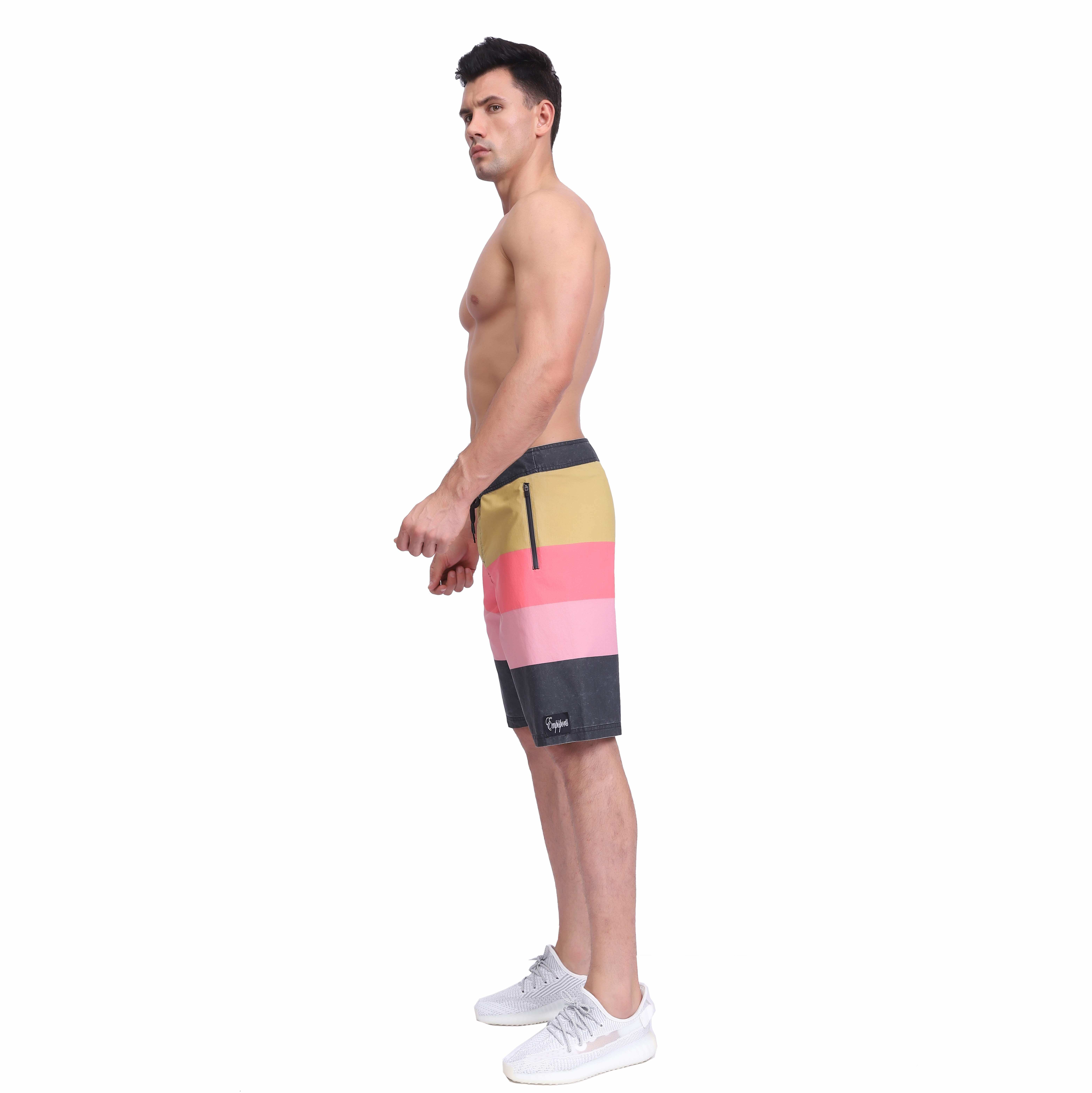 男士泳裤膝盖长度板肖特主动弹性重条纹印刷